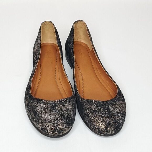 Frye Suede Carson Ballet Flats 7.5 Black Metallic Silver Tone Distressing - Picture 3 of 8